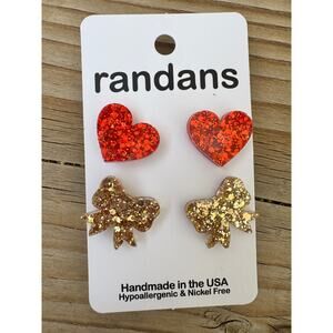 Randans Glitter Heart Bow Stud Earrings Set Boutique Resin Post Earrings NWT